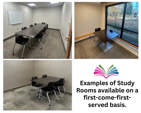 Image shows three photos of meeting rooms: individual, small group, and large group. The AWTPL logo is listed and underneath it the text reads, "Examples of Study Rooms available on a first-come-first-served basis."