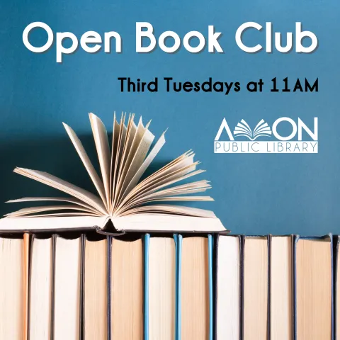 Open Book Club, third Tuesday at 11 a.m. A-WTPL logo. above a line of books and an open book. blue background.