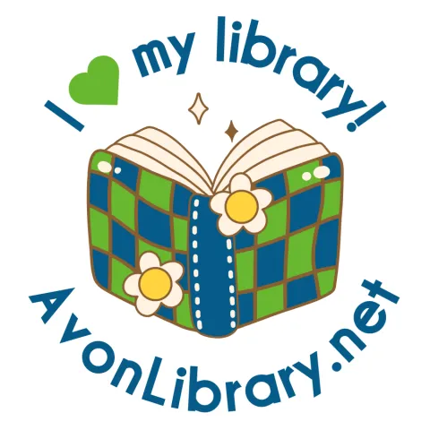 I heart my library avonlibrary.net is written around a book with a blue and green checkered cover. there are two flowers and sparkles