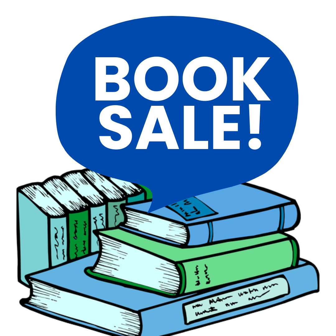 Book Sale! is written above a stack of blue and green books.